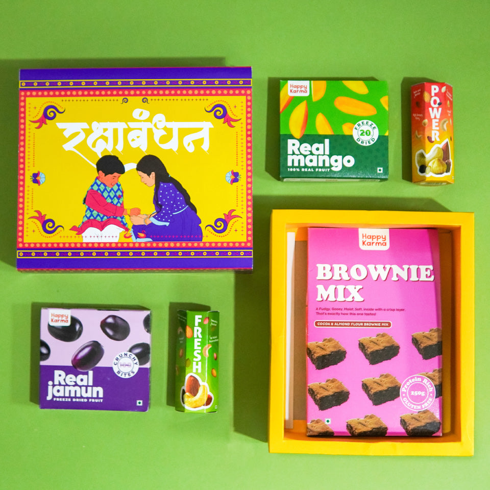 🎁 Healthy Raksha Bandhan Gift Hamper 🌿 - Almond Flour Brownie Mix, Freeze-Dried Jamun, Mango & Dry Fruit Trail Mix | Premium Gift Box | Nutritious & Delicious Snacks for Siblings